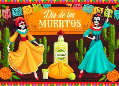 Meksika Ölüler Günü dans eden Catrina iskeletleri. Vector Dia de los Muertos İskelet dansçıları Calavera kafatasları, kaktüsler ve kadife çiçekleri, tekila, kireç ve ekmek ile süslenmiş, papel picado