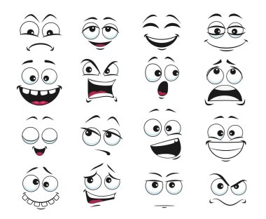 Yüz ifadesi izole edilmiş vektör simgeleri, komik çizgi film emojisi tatmin olmuş, dişli ve çılgın, kızgın, gülen ve üzgün. Yüz ifadeleri üzgün, mutlu ve üzgün, tatminsiz. Tatlı yüz ifadeleri ayarlandı