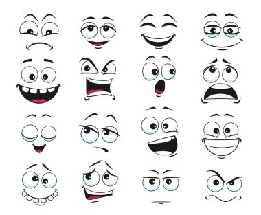 Face expression isolated vector icons, funny cartoon emoji satisfied, toothy and crazy, angry, laughing and sad. Facial emoticon feelings upset, happy and sad, dissatisfied. Cute face expressions set clipart