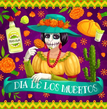 Çiçekli Meksika Ölü Catrina İskeleti Günü, Dia de los Muertos vektörü. Meksika dini bayramı kadife çiçekleri, kaktüsler, tekila ve limonlu Calavera, ekmek ve fiesta partisi flamenko kostümü