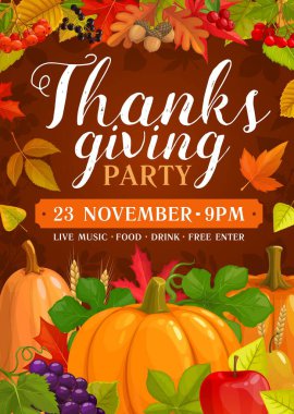 Balkabağı, üzüm ve elmalı armut ekili parti broşürü için teşekkürler. Şükran Günü için davetiye Sonbahar yapraklı akçaağaç, kavak ve meşe, palamut ya da rowan çizgi film posteriyle