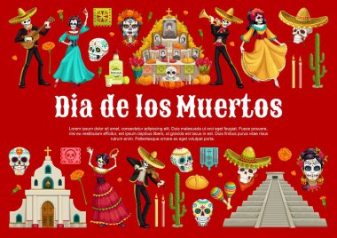 Ölü Kafatası Şekerleri Günü ve Meksika Dia de los Muertos sunak taşıyıcı pankartıyla Catrina. Dans eden iskeletler sombrerolarla, gitarlarla ve marakalarla, kadife çiçekleri, tekila, ekmek ve piramitlerle