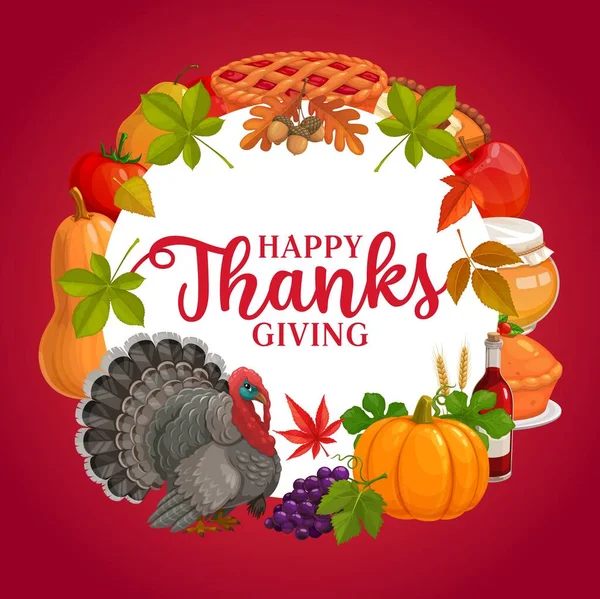 Happy Thanks Cornice Rotonda Vettoriale Biglietto Auguri Con Raccolta Autunnale — Vettoriale Stock