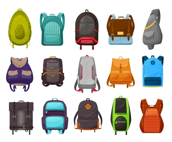 Boys School Bag Backpack Vector Icons Set Isolated Cartoon Schoolbag — Stock Vector