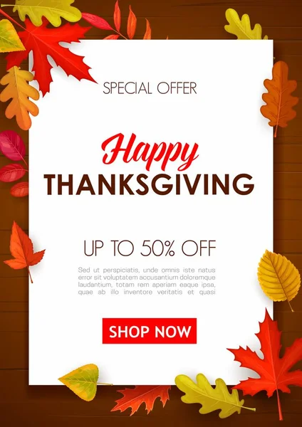 Happy Thanksgiving Vektor Prodejní Plakát Speciální Nabídka Nákupní Promo Podzimními — Stockový vektor