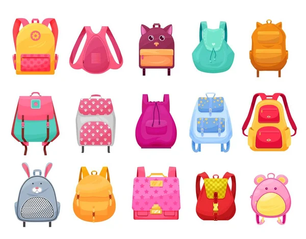 School Bag Backpack Girls Isolated Cartoon Icons Set Vector Female — Stock Vector
