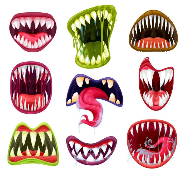 Halloween Monster Mouths Teeth Tongues Cartoon Vector Set Děsivé Ďábelské — Stockový vektor