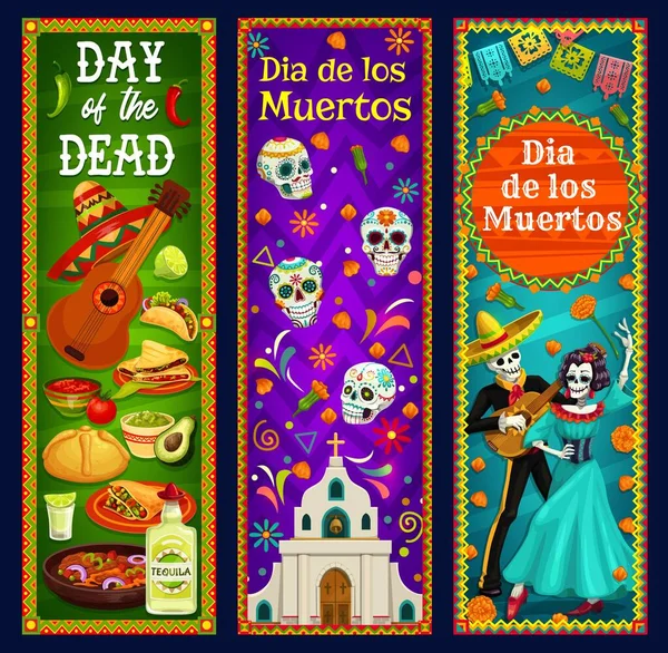 Día Los Muertos Calaveras Azúcar Esqueleto Banderas Vectoriales Catrina Mexican — Vector de stock