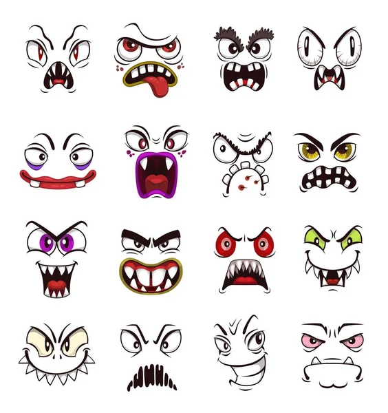 Monster Ansikte Emoji Tecknad Vektor Set Med Skrämmande Uttryckssymboler Halloween — Stock vektor