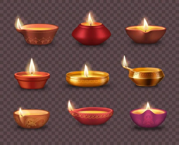 Diwali Diya Lampade Sfondo Trasparente — Vettoriale Stock