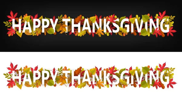 Happy Thanksgiving Vector Horizontal Banners Greeting Typography Autumn Leaves Black — Stock Vector