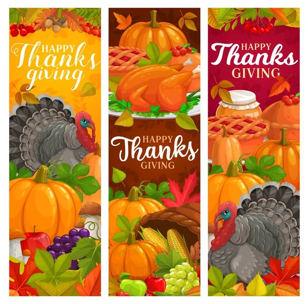 Bannières Vectorielles Happy Thanksgiving Avec Feuilles Tombantes Récolte Automne Tarte — Image vectorielle