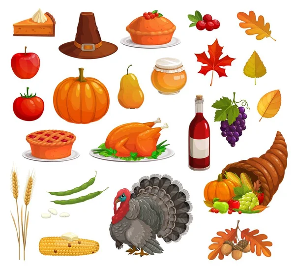 Thanksgiving Autumn Holiday Vector Icon Set Cartoon Turkey Food Pilgrim — Stock Vector