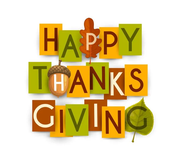 Happy Thanksgiving Vector Poster Autumn Leaves Oak Birch Acorn Thanks — Stock Vector