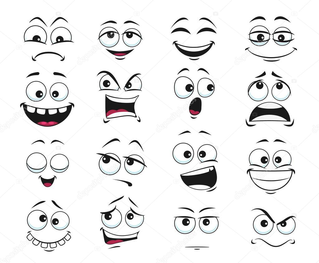 Face expression isolated vector icons, funny cartoon emoji satisfied, toothy and crazy, angry, laughing and sad. Facial emoticon feelings upset, happy and sad, dissatisfied. Cute face expressions set