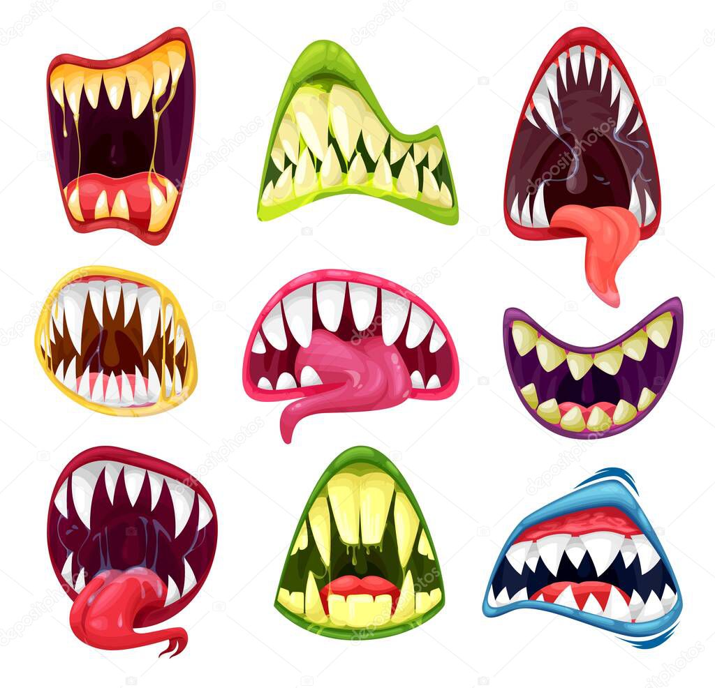 Monster mouths cartoon set of vector Halloween horror holiday. Scary teeth and tongues in mouth of creepy alien beast, devil or zombie, spooky smiles of dracula vampire, werewolf or demon