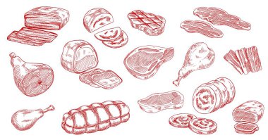 Domuz sosisi, dana eti ve kuzu bifteği skeçleri. Pastırma, jambon ve jambon bacağı, et rulosu, tavuk ya da hindi bacağı, sığır filetosu, göğüs eti ve mortadella oymalı vektörler. Çiğ ve işlenmiş et ürünleri