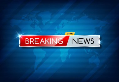 Son dakika haber ekran koruyucusu, vektör medya yayın kanalı yayını, acil duyuru. Küresel olay raporu, canlı haber tipografisi mavi arka planda parlayan metal afiş ve dünya haritası
