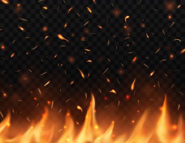Kıvılcımlı gerçekçi ateş dilleri, parlayan vektör alevi, yükselen parçacıklarla yanan kamp ateşi, közler ve kül. Yanan 3D şenlik ateşi, yangın efekti, nalbantın ısısı ya da cehennem
