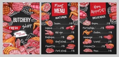Kasap dükkanı et menüsü vektör şablonu. Jamon, salam ve jambon, domuz bifteği, dana sucuğu ve tütsülenmiş tavuk bacağı, pastırma, biftek ve kuzu kaburgası, sosis çizim vektörü. İşlenmiş et pazarı menüsü