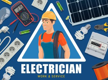 Elektrikçi ve enerji tedarik pankartı. Omuz, güneş paneli, lamba ve elektrik sayacı, pil, uzatma kablosu ve çoklu vektör üzerinde kablo taşıyan önlüklü ve kasklı elektrikçi