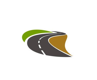 Yol, patika, otoban vektör simgesi. Çimenli yol kenarları olan yeşil tarlalardan geçen asfalt yol. Seyahat ya da ulaşım hizmeti tasarım ögesi, beyaz arkaplanda yalıtılmış eğri sürücü yolu