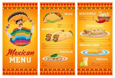 Meksika mutfağının menü şablonunda yiyecek ve içecek var. Et ve sebzeli taco, burrito, tortilla quesadilla ve enchilada, soslu nachos, tekila ve ızgara mısır koçanı.