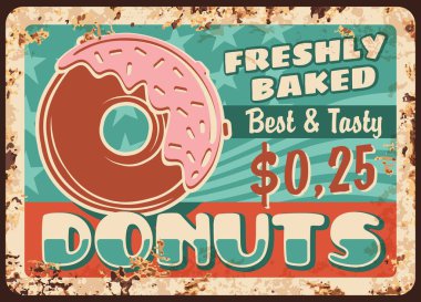 Donutlar paslı metal plaka, vektör fırın, fırın yapımı paslı teneke tabela taze pişmiş donut ve serpinti. Pasta evi retro posteri, ferah tanıtım kartı, fiyat etiketi.