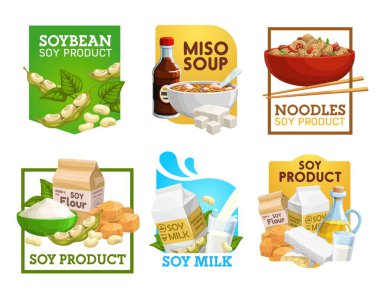 Soya yemeği ve soya fasulyesi ürünleri vektör simgeleri. Miso çorbası, erişte ve vejetaryen unu, süt, tempeh ve soya soslu yağ. Vejetaryen beslenme, tofu, soya fasulyesi doğal organik protein etiketleri.