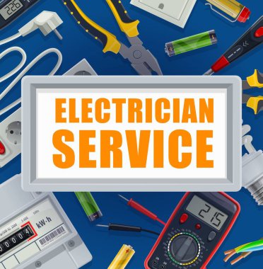 Elektrikçi bayrağı. Elektrik enerjisi endüstrisi ekipmanları, elektrikçi aletleri vektörü. Çoklu metre ve elektrik sayacı, piller, pense ve test tornavidası, çıkış kablosu