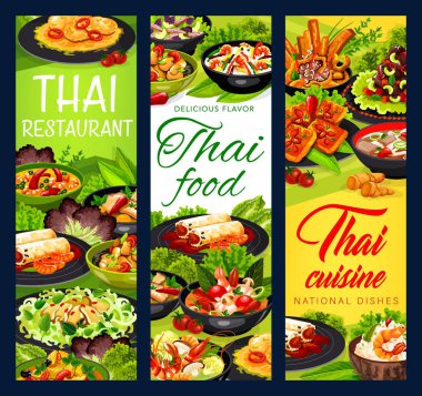 Tayland mutfağı vektörü Tayland yemekleri börekleri, sığır eti ve deniz isimleriyle Tayland salatası hindistan cevizi sütü balığı çorbası, Tom tatlı patates kung, kızarmış karides pilavı. Fıstıklı domuz filetosu, Asya yemekleri afişi.