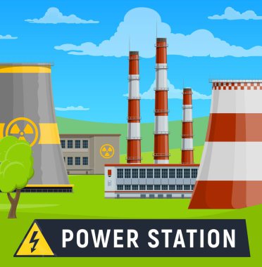 Soğutma kulelerinde radyasyon uyarı sembolü olan elektrik üretim enerji santrali binası. Elektrik enerjisi üretimi ve tedarik sektörü nükleer veya gazla çalışan enerji santrali vektörü