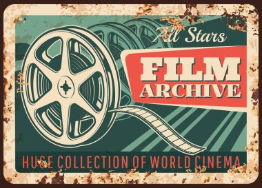 Film arşivi paslı metal plaka, vektör paslı teneke tabela ve eski bobbin makarası. Sinema deposu retro poster, dünya sineması ferruginous kart koleksiyonu. Hollywood film yapımı, video filmi