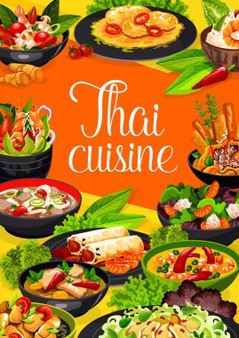 Greyfurtlu Tayland mutfağı vektör salatası, yer fıstıklı domuz filetosu, levrekli zencefil çorbası. Tavuklu erişte, kaju fıstıklı baharatlı tavuk parçaları. Tayland yemekleri, Asya yemekleri.
