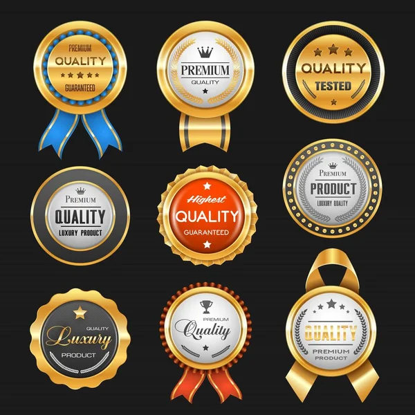 Affärsetiketter Med Vektor Guld Märken Premium Kvalitetscertifikat Bästa Produkt Utmärkelse — Stock vektor