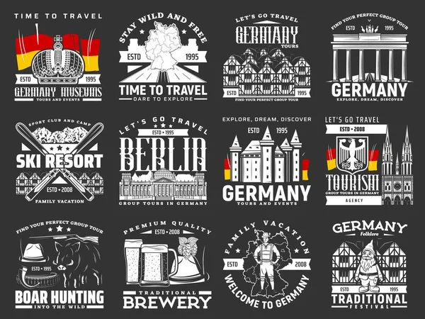 Germany Travel Icons Berlin Landmarks German Map Vector Europe Culture — Stock Vector