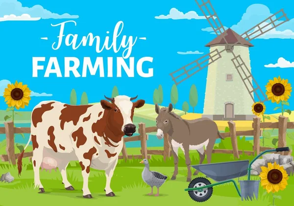 家庭耕作 农场动物在农村景观与风车 庄稼和葵花田 农场院子里的家畜和家禽 牛奶罩 驴和鹅 — 图库矢量图片