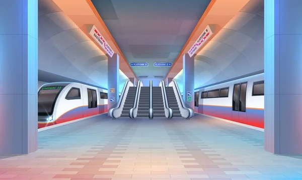 Interieur Van Metro Metrostation Met Vectortreinen Metroperron Tunnels Roltrappen Zuilen — Stockvector