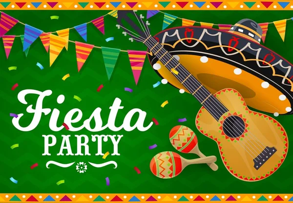 Mexikói Sombrero Gitár Maracas Vektor Transzparens Fiesta Party Mariachi Zenész — Stock Vector