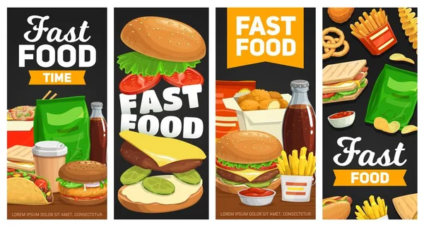 Векторные Баннеры Быстрого Питания Чизбургер Гамбургер Картошка Фри Бутербродом Наггетсы — стоковый вектор