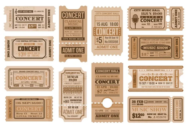 复古公司承认 音乐会门票 音乐表演用矢量复古卡片 显示日期 座位和行号 价格和分隔线门票模板的入场券 — 图库矢量图片