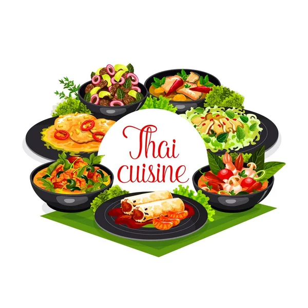 Masakan Thailand Vektor Lumpia Salad Cumi Dan Tom Yam Kung - Stok Vektor