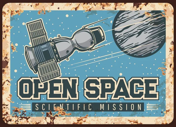 Satélite Espacio Abierto Misión Científica Vector Oxidado Placa Metal Exploración — Vector de stock