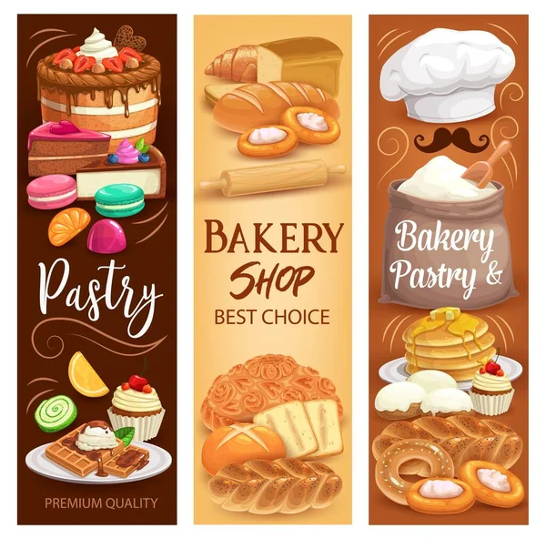 蛋糕甜点 烘焙面包和甜糕点 病媒横幅 面包店巧克力蛋糕和面包食品 松饼芝士蛋糕 提拉米苏和布朗尼 羊角面包 面包面包和带有华夫饼的煎饼 — 图库矢量图片