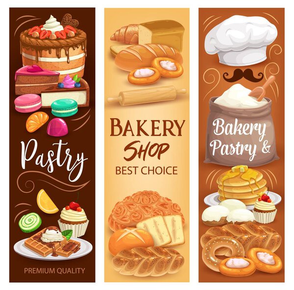 Cakes desserts, bakery bread and sweet pastry, vector banners. Bakery shop chocolate cakes and bread food, patisserie cheesecake, tiramisu and brownie, croissant, baguette and pancakes with waffles