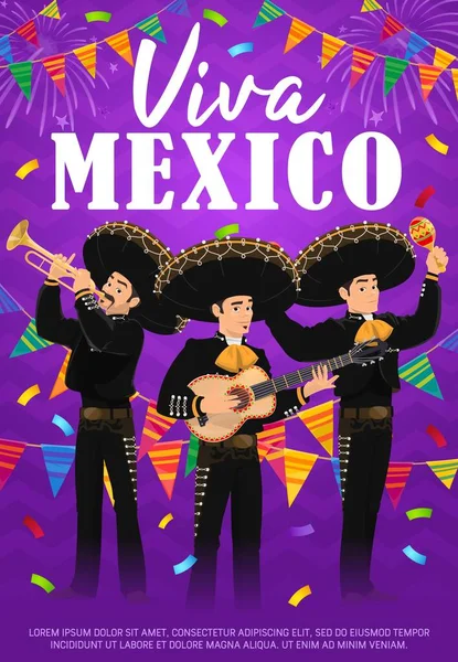 Viva Mexico Vektorposter Mit Mariachi Band Mexikanische Musiker Sombrero Und — Stockvektor