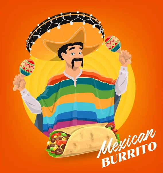 Мексиканский Векторный Плакат Буррито Мексиканец Играющий Маракас Праздничная Еда Cinco — стоковый вектор