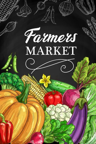 Αγρότες Εμπορεύονται Λαχανικά Chalkboard Banner Αγγούρι Παντζάρια Και Σαλάτα Ντομάτα — Διανυσματικό Αρχείο