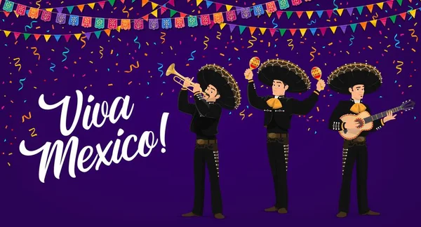 Viva México Vector Banner Banda Mexicana Músicos Mariachi Sombrero Trajes — Vector de stock