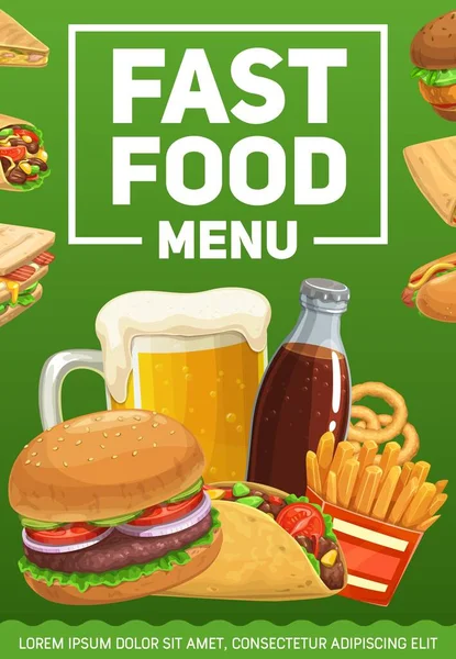 Fast Food Meals Drinks Poster French Fries Onion Rings Hamburger — Stock Vector